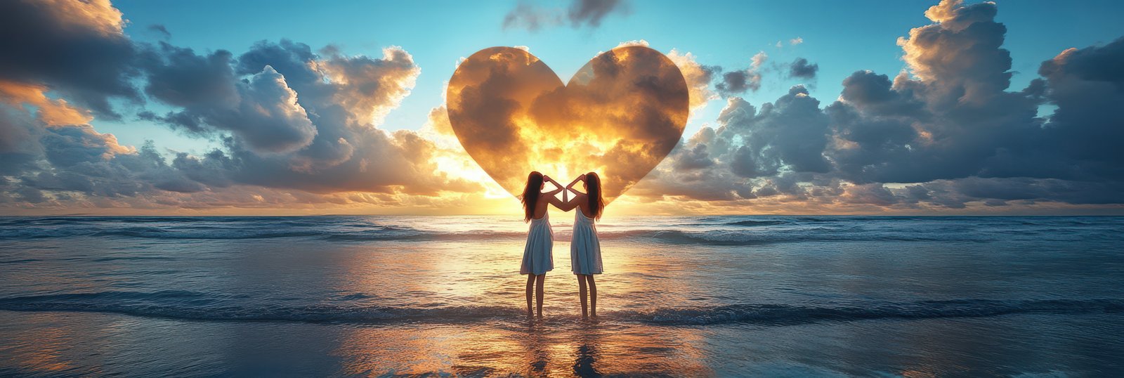 Silhouetted figures of two women in dresses stand on a tranquil beach during sunset